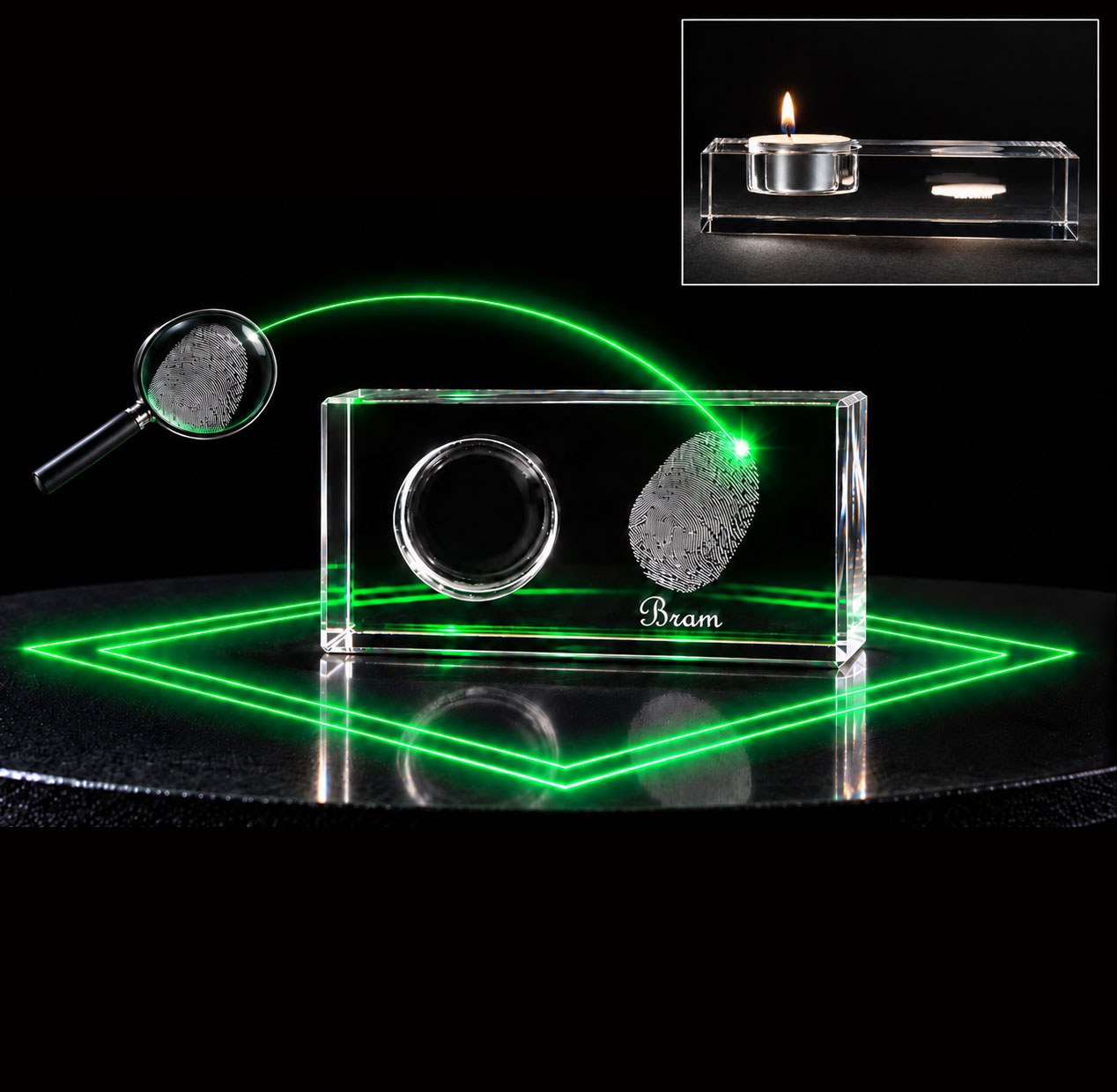 Allincrystal Foto in glas 3 D Kristal Waxinehouder Plat Vingerafdruk