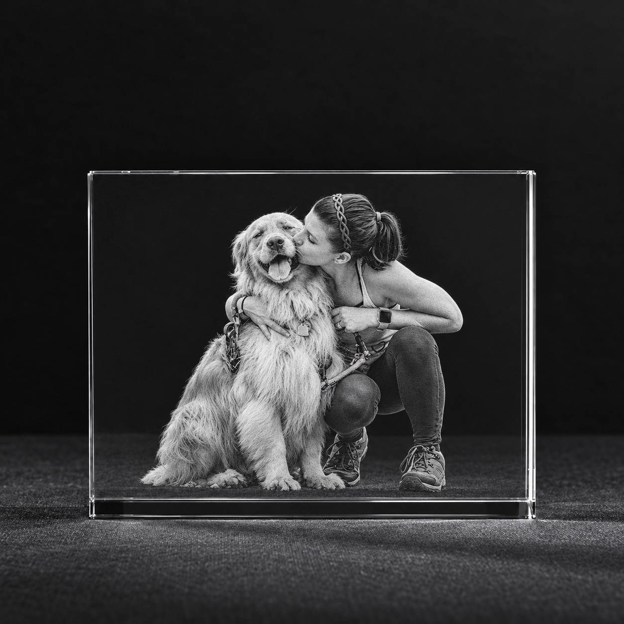 Hond met baasje in landscape foto in glas
