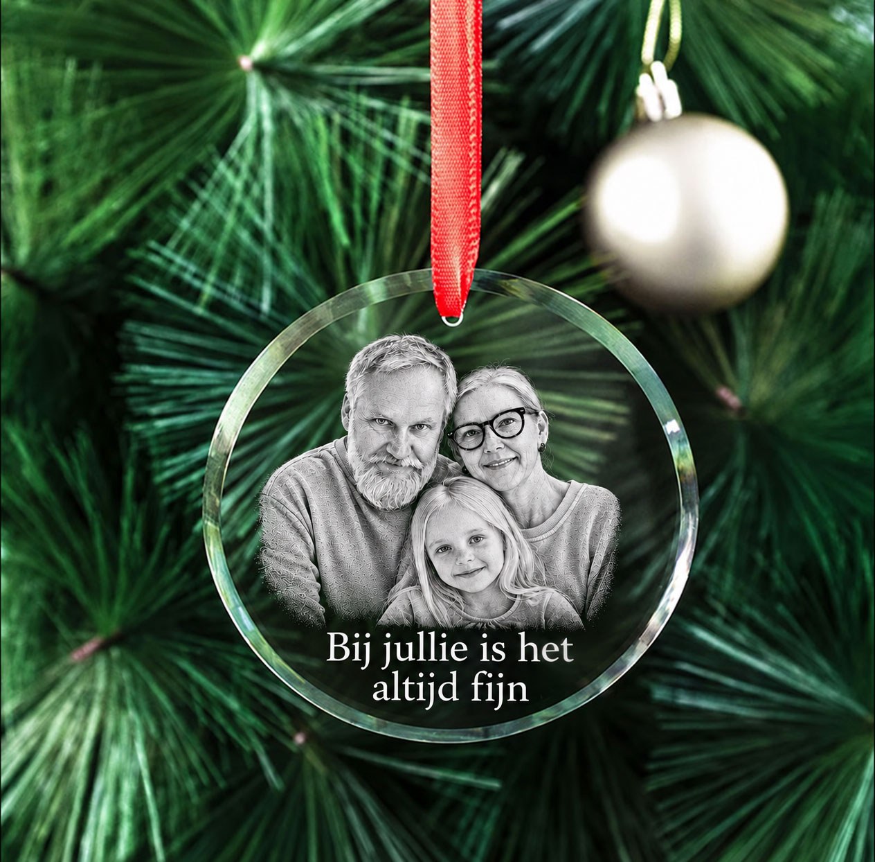 Allincrystal Foto in glas Kerstbal Glas Familie gezin gladfacet